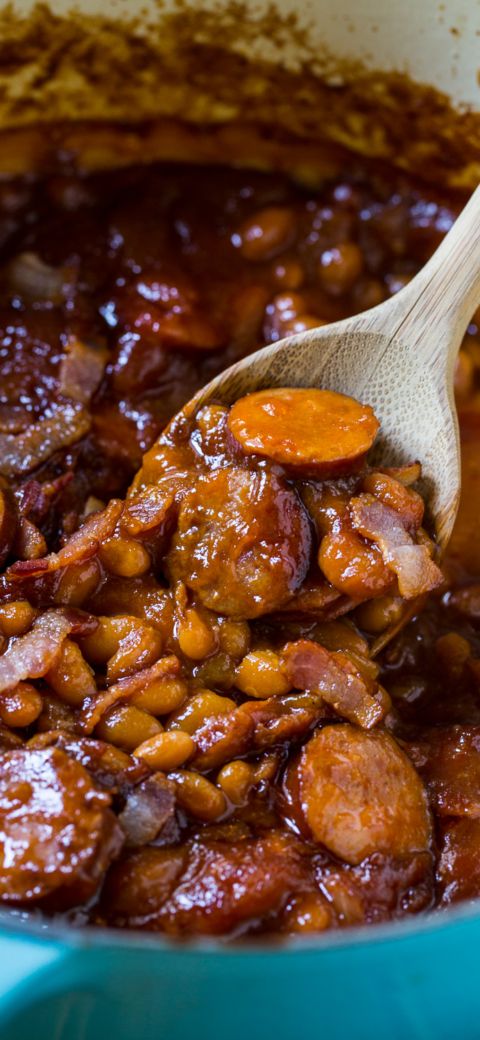 Baked Beans with smoked sausage are super meaty and thick. Lots of sweetness from brown sugar, molasses, and ketchup.