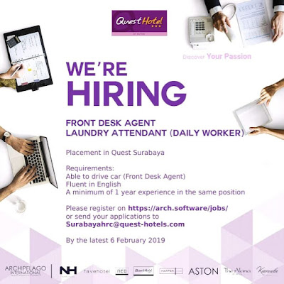 lowongan kerja front desk agent dan laundry quest hotel surabaya