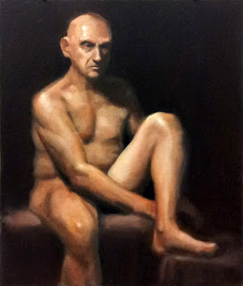 Oil painting of a seated male nude with left knee raised.