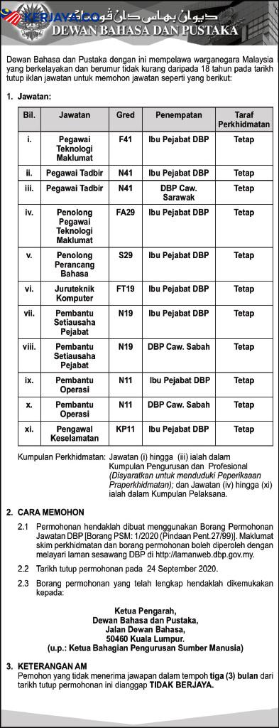 Jawatan Kosong Dewan Bahasa Dan Pustaka (DBP) - kerjasemasa