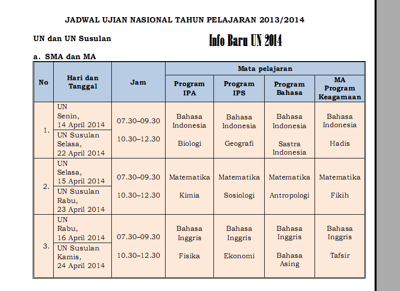 Jadwal Pelaksanaan UN SMA/MA 2014  Sekolah