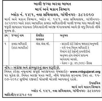 Roads & Buildings Department Gandhinagar Recruitment for Law Officer Post 2018