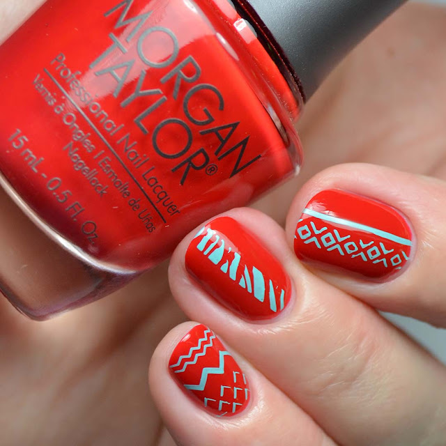 teal and red geometric nail art