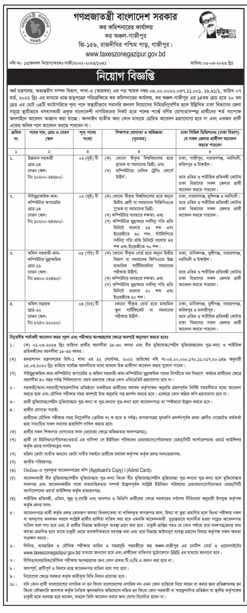 Tax Commissioner office Income Tax Job Circular