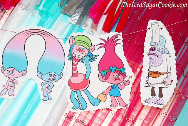 Trolls Birthday Party Flag Hanging Bunting Banner Garland Prince Gristle, Bridge, Branch and Poppy, Smidge, Biggie and Mr. Dinkles, Satin and Chenille, Cooper, Chef