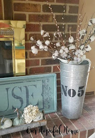 vintage chicken feeder plush pumpkins dried hydrangeas galvanized flower bucket cotton stems farmhouse sign