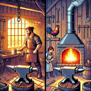 Pixel art of a busy midday medieval forge, with a blacksmith hammering a glowing sword, villagers waiting, apprentice on bellows, and sunlight illuminating the active workshop.