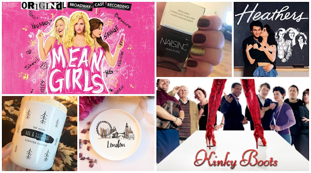 Collage - Mean Girls the musical, Kinky Boots the film, Heathers the film, DW Home candle, Nails Inc Victoria Nail Polish, London Trinket Dish