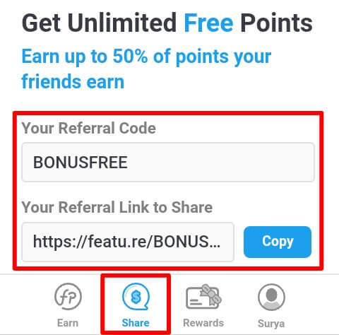Undanglah teman Anda menggunakan link atau kode refferal dan Anda akan memperoleh 50% dari penghasilan teman yang berhasil Anda ajak. Anda dapat mengundang teman pada menu "Share".