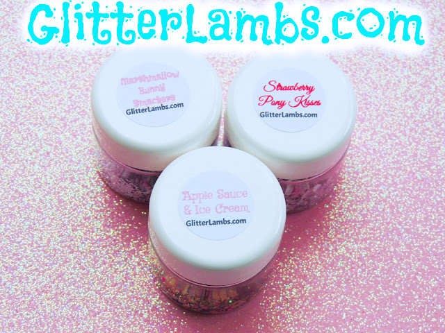Glitter Lambs "Marshmallow Bunny Smackers" loose glitter mix has an assorted mix of gray hex glitters, light pink hex, light blue hex and tiny white hex.