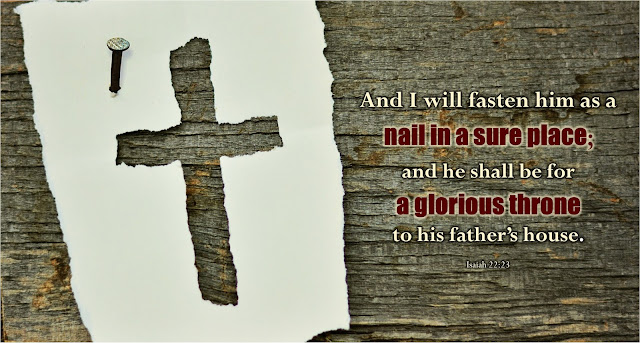 A paper with a cross removed is nailed to a wooden wall. Text overlay quotes Isaiah 22:23