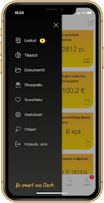 Clark mobiilisovelluksen päävalikko
