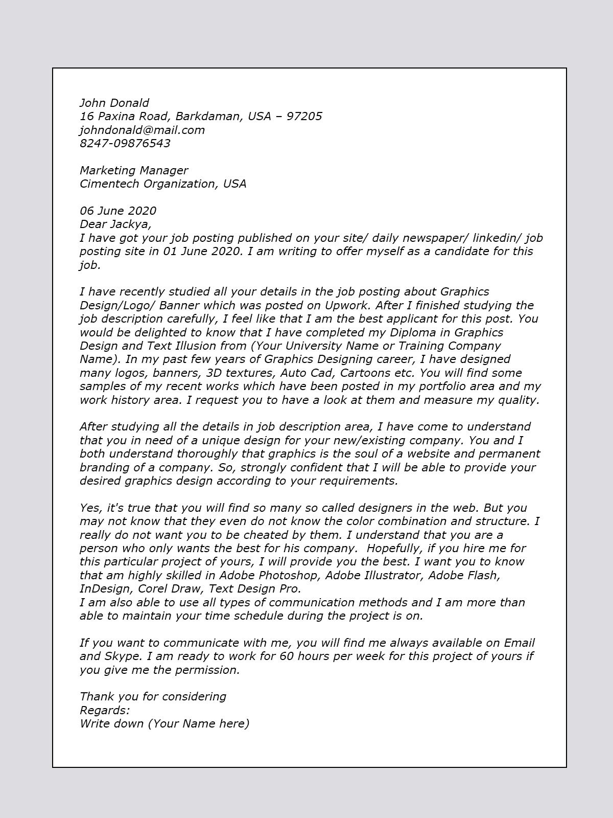 Computer Graphic Artist Cover Letter July 2021