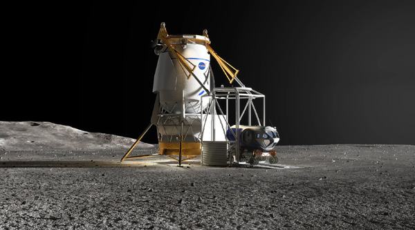 An artist's concept of a cargo variant of Blue Origin's Blue Moon lander as it deploys a pressurized rover onto the lunar surface.