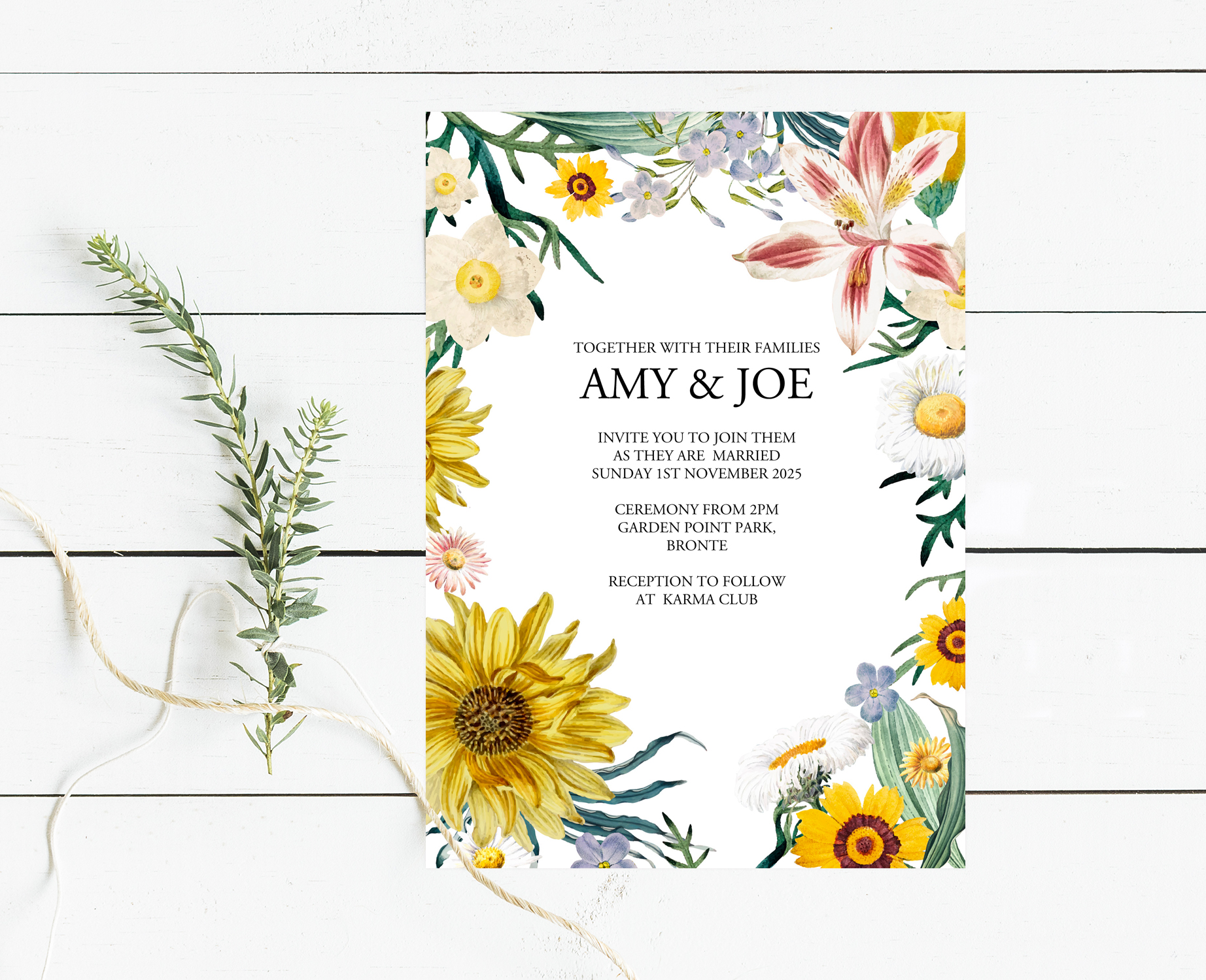Yellow and grey floral wedding invtation