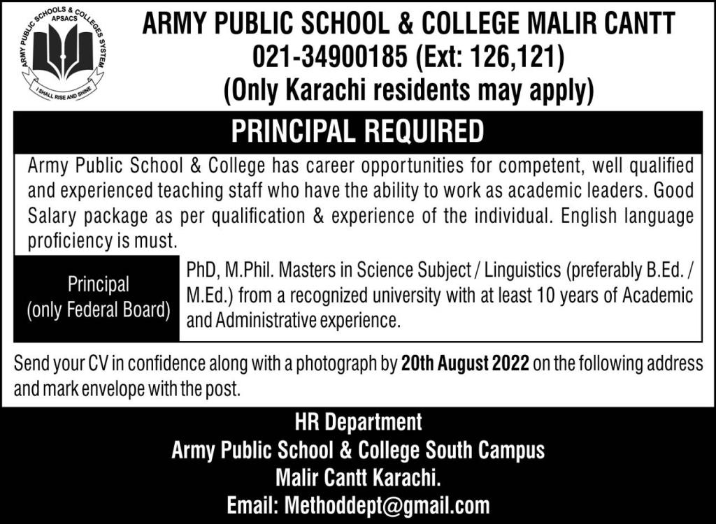 Army Public School & College Malir Cantt Jobs 2022