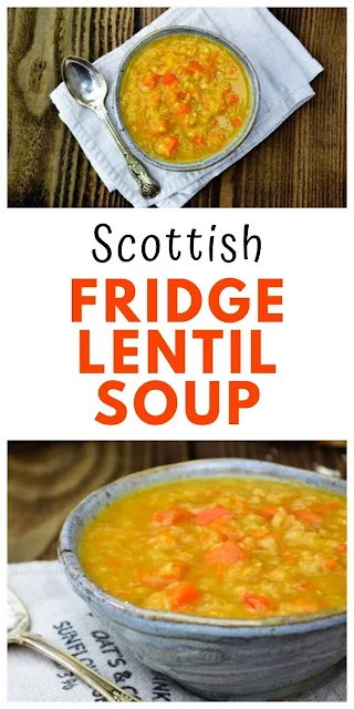 Scottish Fridge Lentil Soup. A traditional Scottish soup made with red lentils. This is a low calorie, low fat and easy soup which is good if you are on a budget or calorie counting to lose weight. A filling meal for families that can be frozen. #Scottishlentilsoup #lentilsoup #scottishsoup #lefoversoup #redlentils #fridgesoup #redlentilrecipes #vegansoup