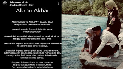 Jasad Eril Ditemukan, Istri Ridwan Kamil: Alhamdulillah Allahu Akbar!