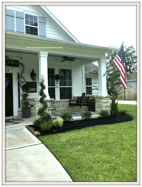 Flower Beds-Curb Appeal-DIY Landscape-Spiral Shrub-Topiary-Southern Porch-Porch Swing-Southern Charm-From My Front Porch To Yours