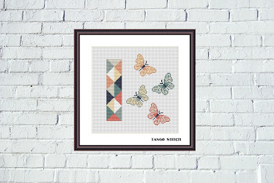 Letter I and beautiful butterflies mosaic patchwork cross stitch pattern