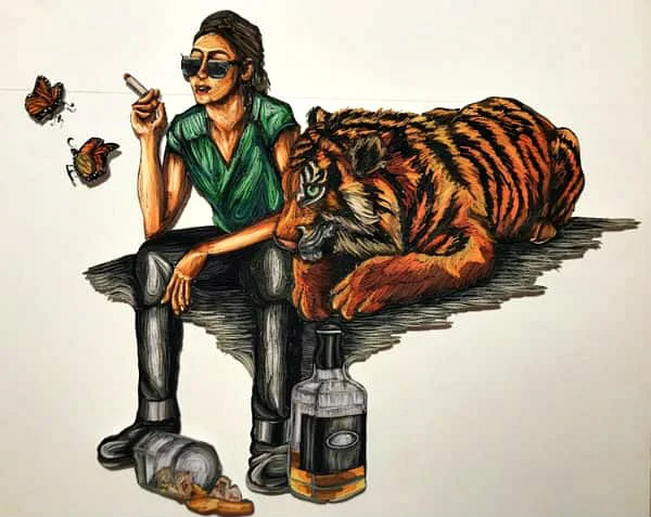 paper quilled portrait of young woman who is smoking and seated next to tiger and liquor bottle
