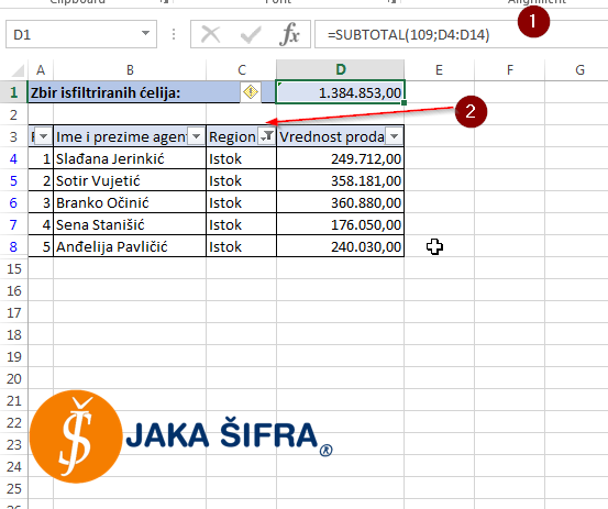 Zbir isfiltriranih redova u Excel-u