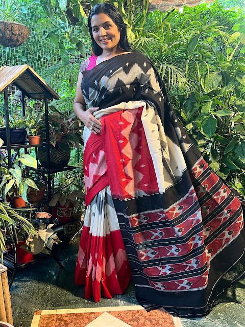 Pochampaly cotton ikat saree. 3 layers divided in 3 colours- red, white and black