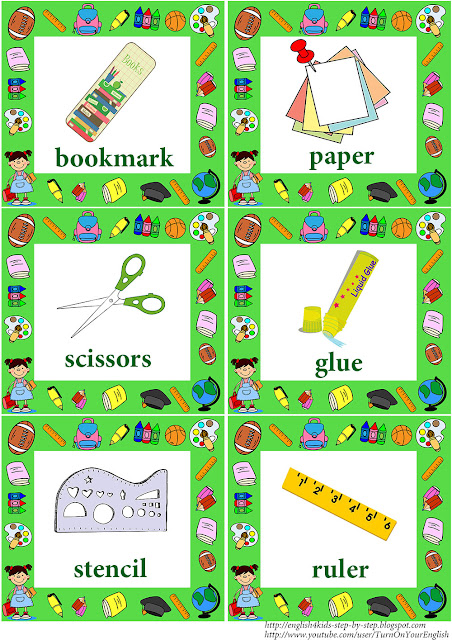 school objects flashcards with words