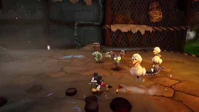 Oswald le Lapin Chanceux observant Mickey avec un mélange de méfiance et de curiosité dans une scène émotionnelle.