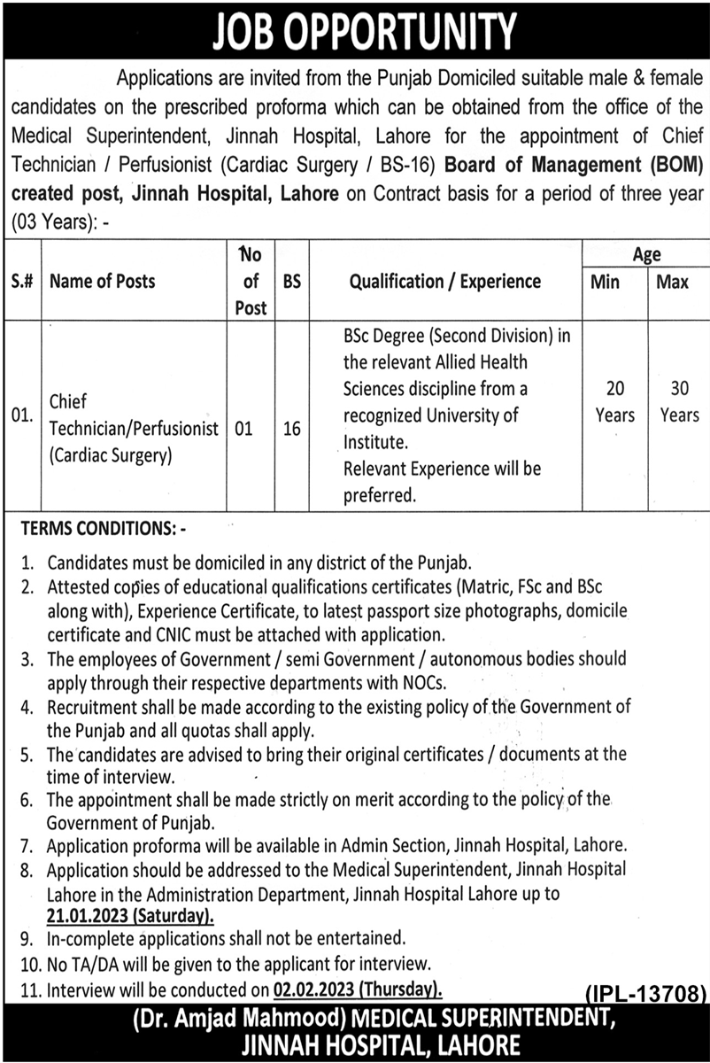 Chief Technician Perfusionist  Chief Technician Cardiac Surgery