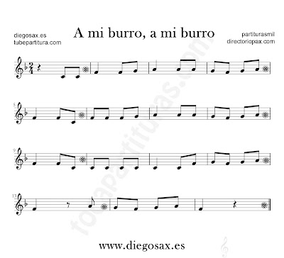 A mi burro a mi burro partitura en fa mayor de flauta, violín, saxofón alto, trompeta, clarinete, soprano sax, tenor, oboe, corno inglés, trompa, fliscornoen clave de Sol