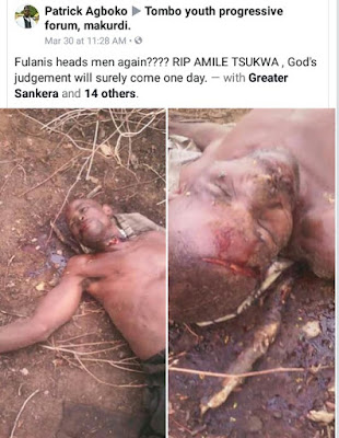 Photos: Fulani herdsmen slaughter Benue APC chieftain in his farm