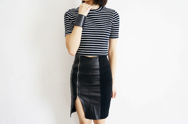 Topshop high-necked stripe top  Zara leather zip pencil skirt  Ann ...