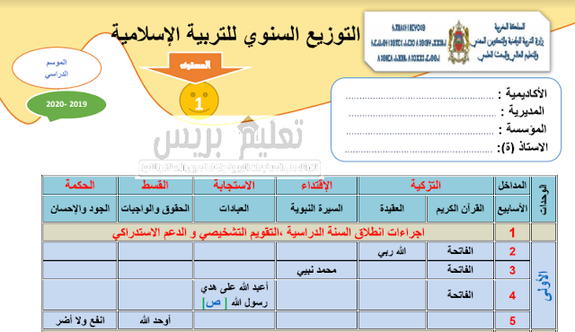 التوزيع السنوي لمادة التربية الإسلامية للمستوى الأول للموسم الدراسي 2019/ 2020