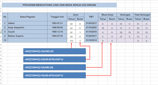 CARA MENGITUNG USIA DAN MASA KERJA GOLONGAN DENGAN EXCEL