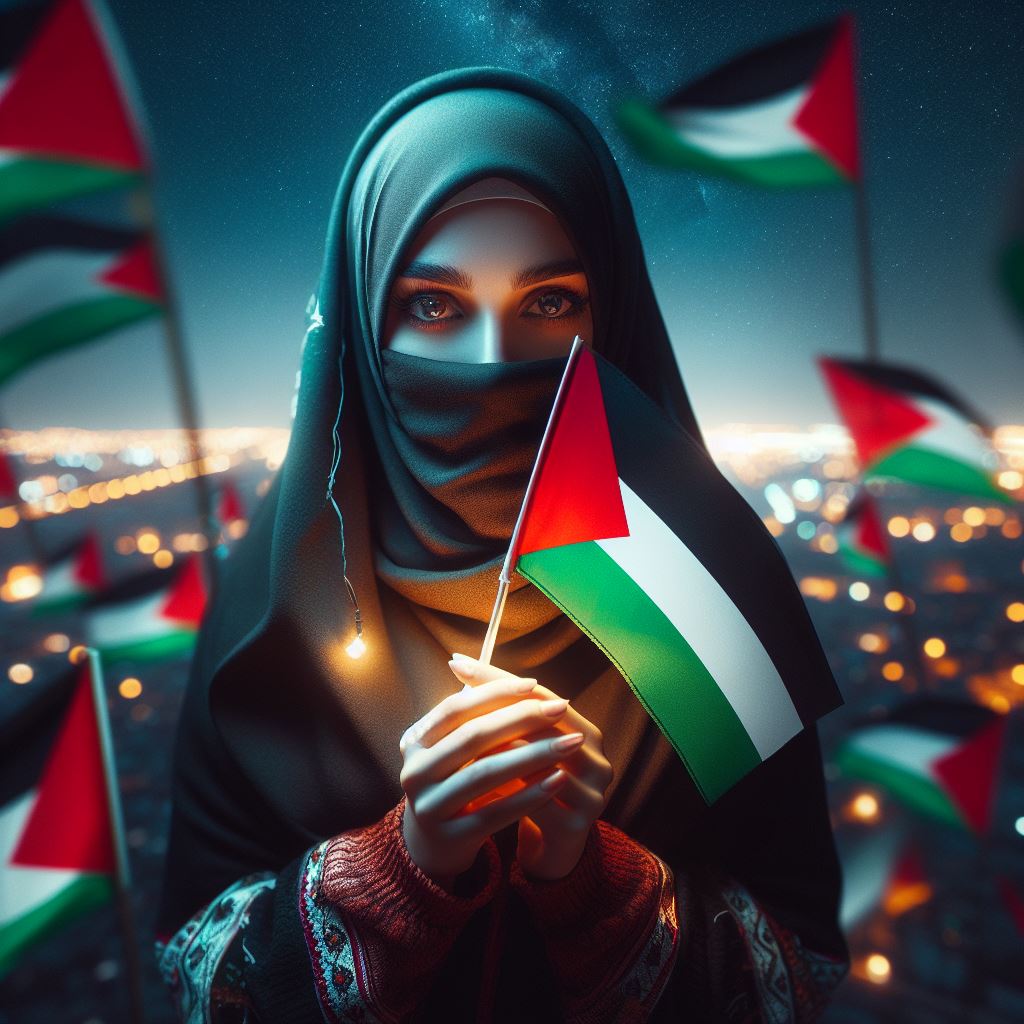 صورة فتاة مع أعلام فلسطين الحرة