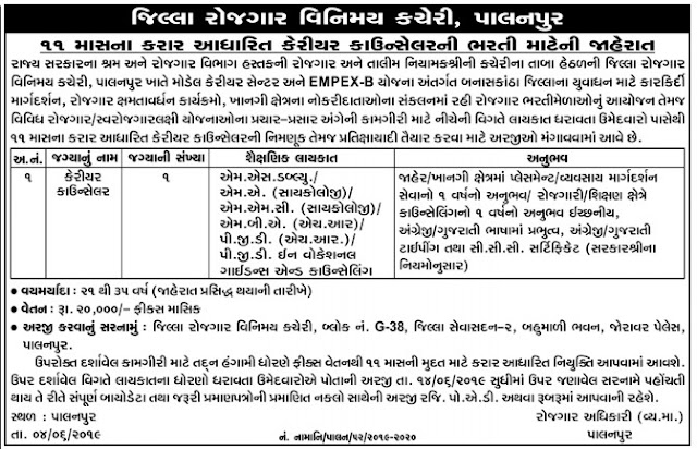 District Employment Exchanges Office, Palanpur Recruitment for Career Counselor Post 2019