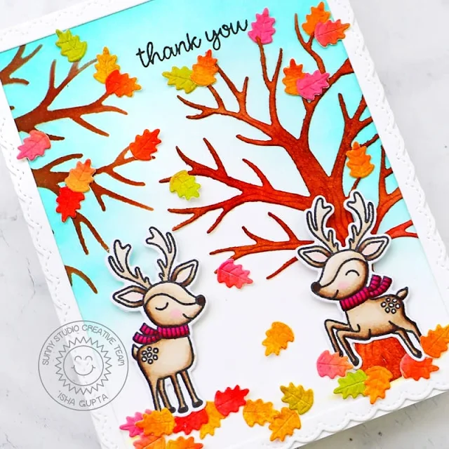 Sunny Studio Stamps: Autumn Tree Die Focused Card by Isha Gupta (featuring Reindeer Games, Fancy Frame Dies)