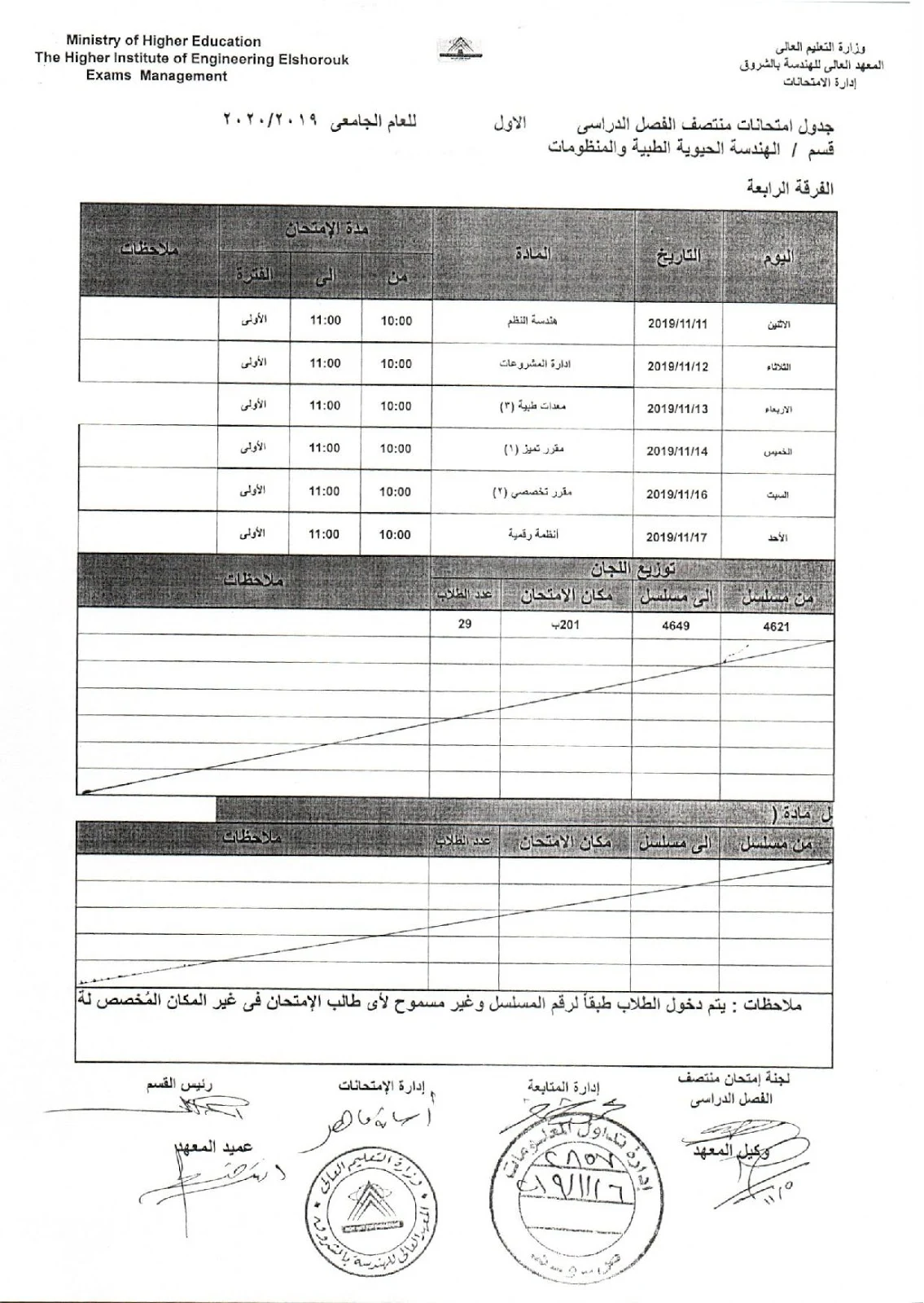 جدول امتحانات اكاديمية الشروق رابعة الهندسة الحيوية الطبية والمنظومات  ميدترم 2019-2020