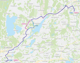 Linjavariantti 566V ajaa Koskelon kautta reittiä Kulloonmäentie - Kulloonsilta - Koskelontie - Juvankartanontie