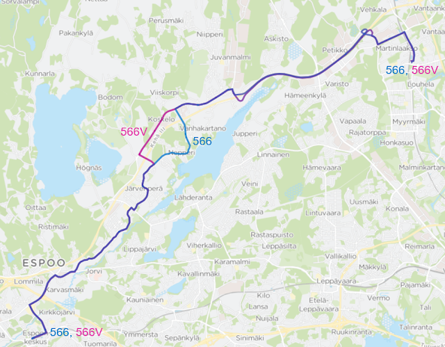 Linjavariantti 566V ajaa Koskelon kautta reittiä Kulloonmäentie - Kulloonsilta - Koskelontie - Juvankartanontie