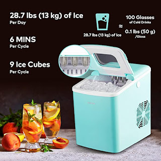 Ice Maker, NOVETE Portable Countertop Ice Maker Machine, 28.7 lbs Ice in 24 Hours, 9 Cubes Ready in 6 Minutes, Turquoise Home Mini Ice Machine with Ice Scoop and Basket, for Parties Mixed Drinks