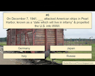 On December 7, 1941, ___ attacked American ships in Pearl Harbor, known as a “date which will live in infamy” & propelled the U.S. into WWII. Answer choices include: Germany, Japan, Italy, Russia