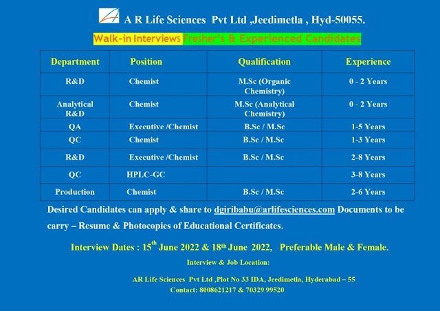 AR Life Sciences | Walk-In Interview for Freshers & Experienced in at Hyderabad on 15th to 18th June 2022