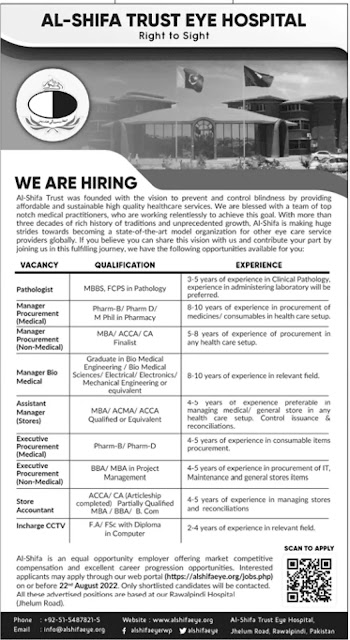 New Govt Jobs in Al Shifa Trust Eye Hospital Pakistan 2022