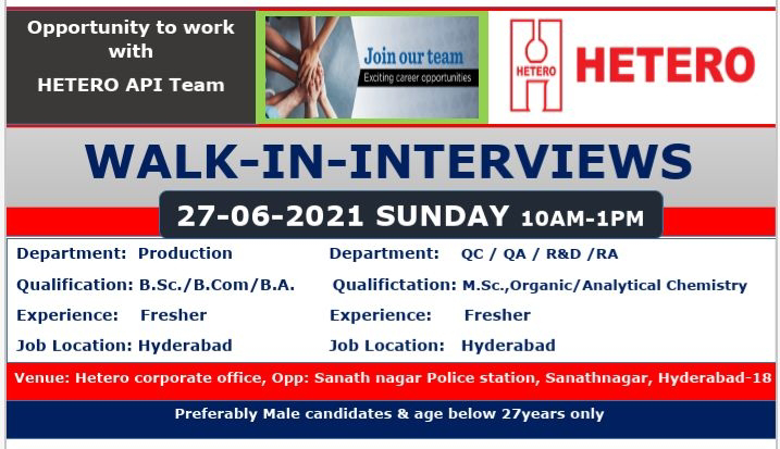 Job Availables, Hetero Labs Limited – Walk-In Interview for Freshers in Production, QC, QA, R&D, Regulatory Affairs Department