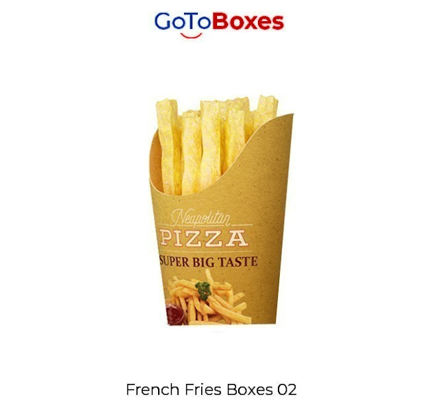 GoToBoxes deliver amazing French Fry Boxes in extinguishing designs with free print support. Organic boxes can be altered and are shipped to you reliably.