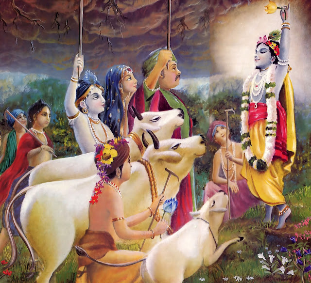 Krishna raising up Govardhana hill