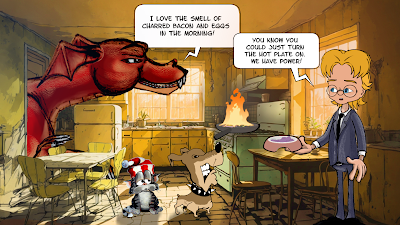 Red Dragon cooking a bacon an egg breakfast in the kitchen while TET feeds Grrr Dog and Froyd.