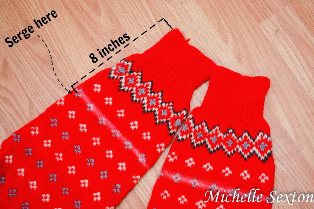 turn sweater sleeves into boot cuffs - start 8 inches below cuff.